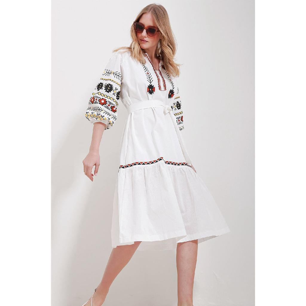 Women's White Full Collar Balloon Sleeve Lined Belted Embroidery Dress Alc-x11571