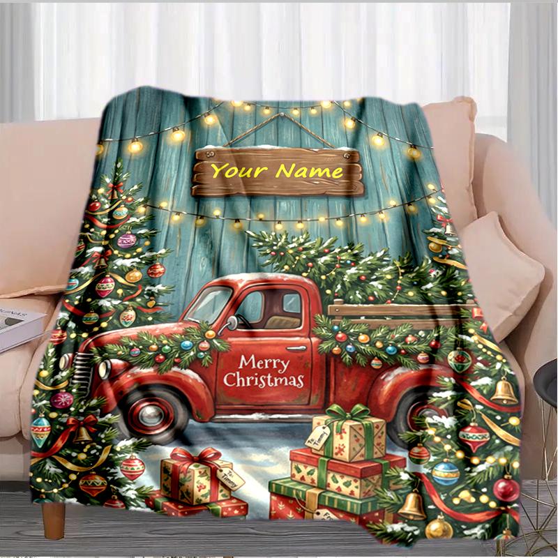 1PC Custom Name Christmas Truck Decorations blanket versatile,all-season throw suitable for the living room,bedroom,camping,travel,and gift