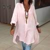 Women Shirt V-Neck Long Sleeve Side Split Hem Pullover Tops Solid Color Loose Fit Summer Shirt Daily Wear