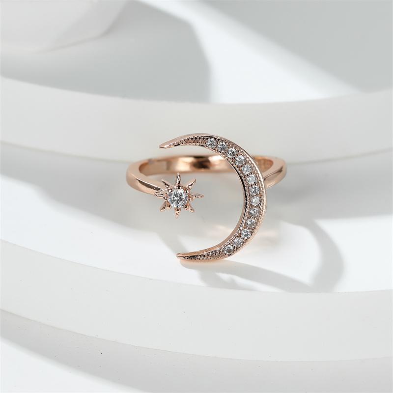 Boho Minimalist Blue Stone Female Stacking Star Moon Rings For Women Gold Color White Crystal Opening Ring Wedding Bands Gifts