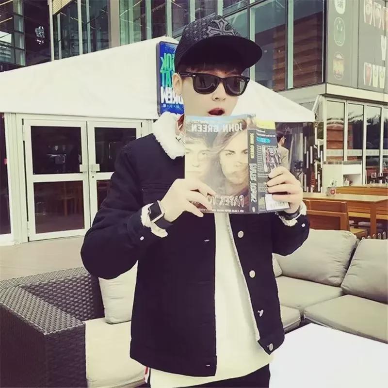 Мужская зимняя джинсовая куртка в корейском стиле ретро с толстой подкладкой из овчины