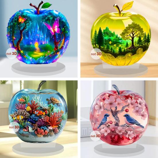2D Flat Acrylic Apples Fantasy Worlds In Apples Ornament Desktop Decoration Apples for Living Room Bedroom Shelf Cabinet Decor