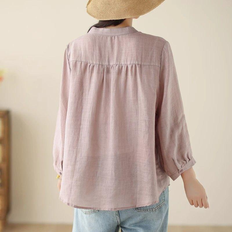 Artistic Retro Spring and Summer New Versatile Loose Slimming Cotton and Linen Cardigan Top Seven Quarter Sleeved Shirt Women's Clothing
