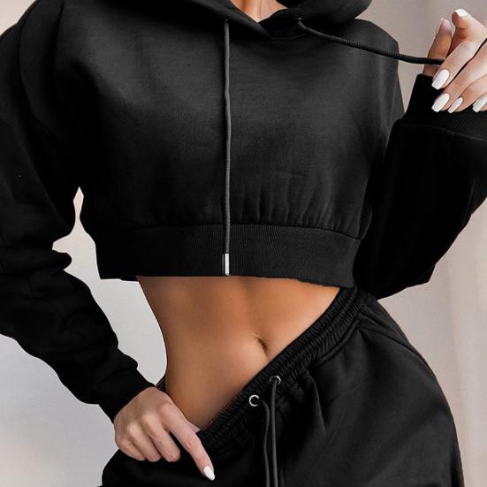 2 Pcs/Set Women Fall Hoodie Pants Set Long Sleeve Thick Hooded Short Top Drawstring Elastic Waist