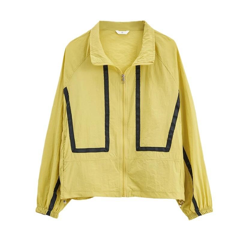 Осенняя женская солнцезащитная одежда с лацканами, полосатая, сращивающаяся, свободная, с длинными рукавами, на молнии, тонкая куртка