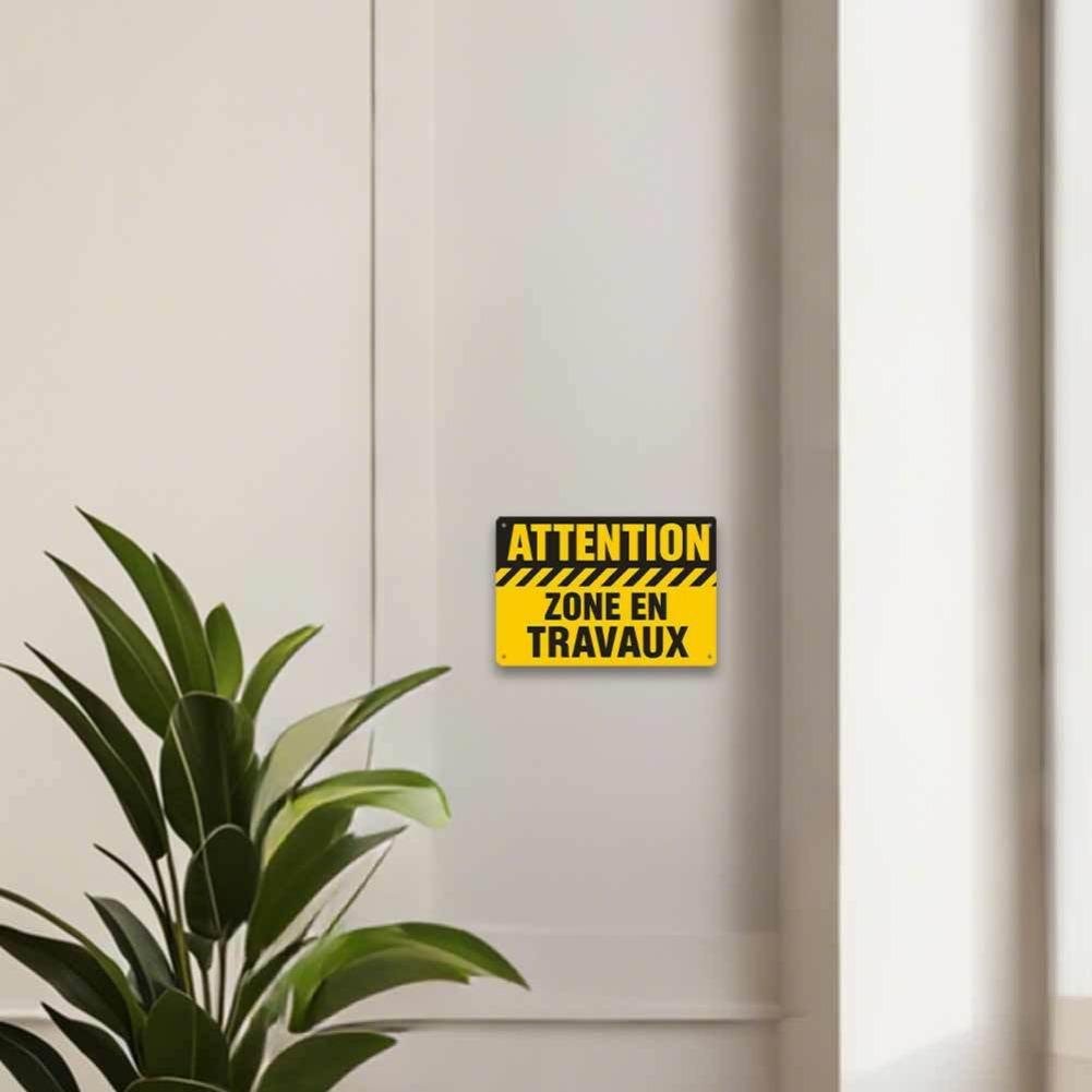 2D Flat, 1pc Vintage French Aluminum Sign "ATTENTION ZONE EN TRAVAUX" for Office Decoration, UV Ink Printed, Durable