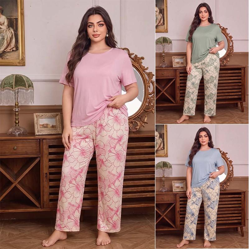 Plus Size Womens Floral Pajama Set Short Sleeve Long Pants Loungewear
