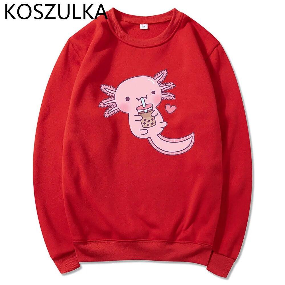 Забавные женские милые толстовки с капюшоном «Аксолотль любит пузырьковый чай» Толстовка с принтом Свободная толстовка с капюшоном большого размера с мультяшным принтом Уличная одежда Розовая одежда