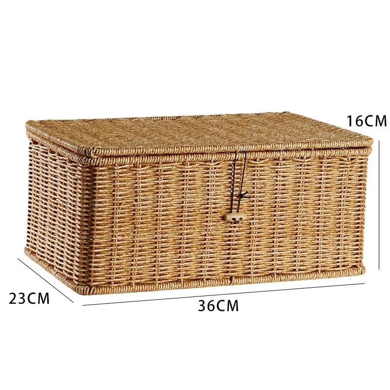 Household Storage Basket Imitation Rattan Woven Storage Box with Lid Clothes Sundries Rattan Basket Home Desktop Organizer Box
