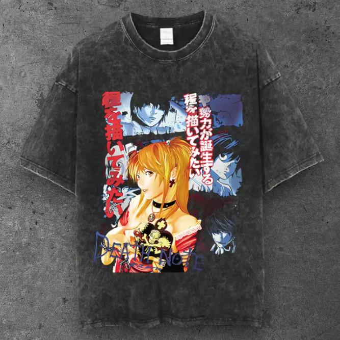 Mens Anime Panel Oversized T Shirt Washed Black Y2K Streetwear S-3XL