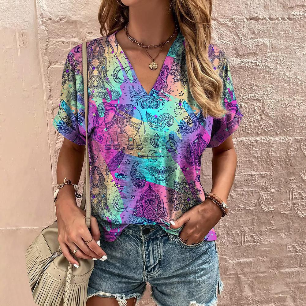 Retro Print Women's T Shirt Classic Floral Tees For Ladies Summer V-Neck Short Sleeve Tops Female Oversized Clothes Daily Blouse