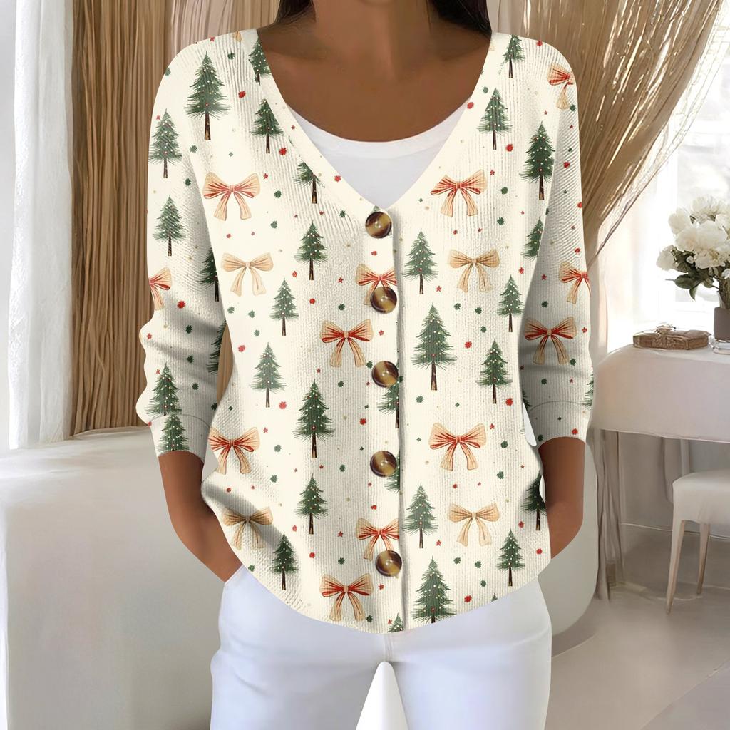 Women's Fashion Long Sleeve Christmas Snowman Snowflake Print Jacket Cardigan