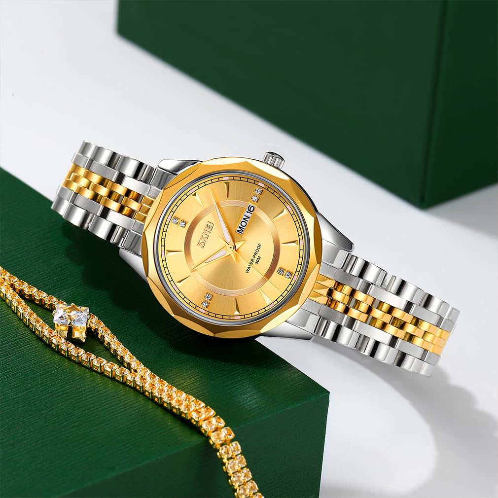 Часы Золотые Серебряные Нержавеющая сталь Стильные Классические Наручные Часы Женские Водонепроницаемые Аналоговые Брендовые Простые Часы Дата День недели Роскошный Подарок Золотые