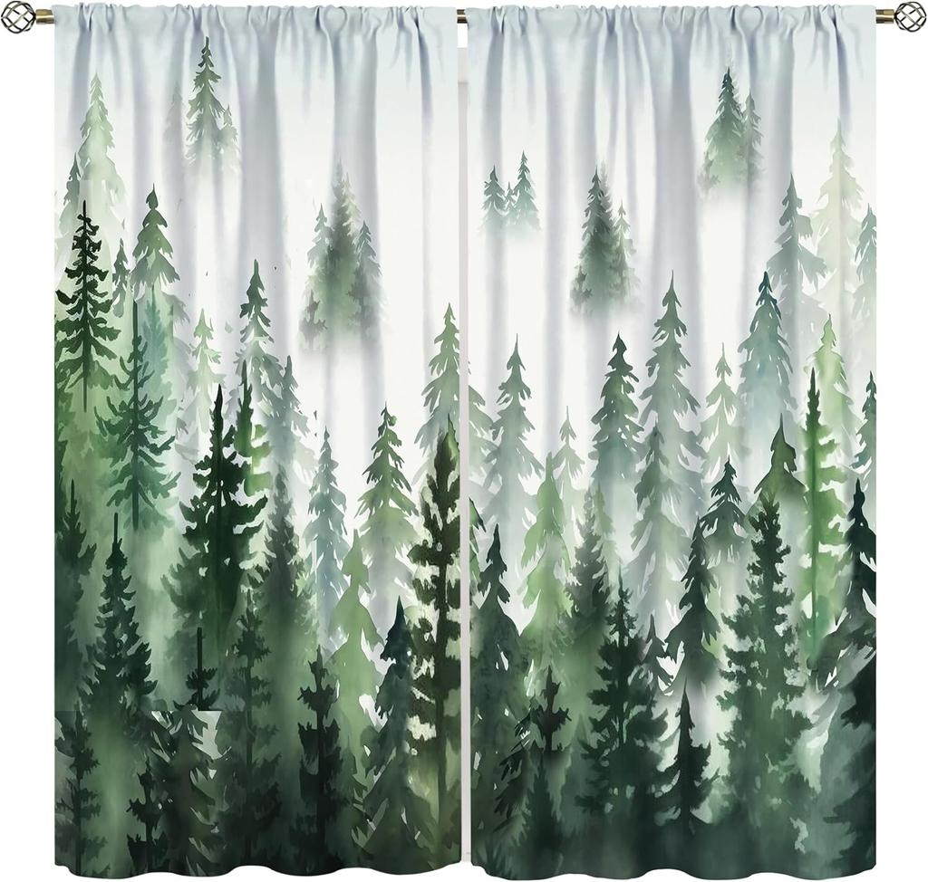 Green Forest Curtains Green Watercolor Forest Tree Silhouette Nature Landscape Printed Living Room Bedroom Window Drapes 42x63in