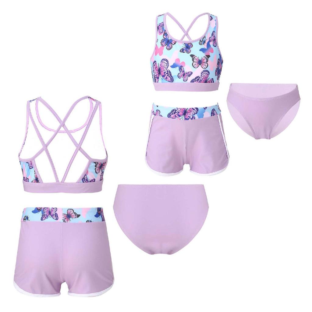 3 шт., детский купальный костюм для девочек, укороченный топ с принтом U-образным вырезом, шорты и трусы, комплект из рашгарда для пляжа и бассейна