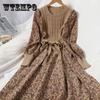 Autumn and Winter Women's Stitching Long Dress Corduroy Floral Knitted Dress