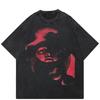 Streetwear Half Face T-Shirt Cotton Washed Black Tshirt Tops Tees Summer Short Sleeves T Shirt