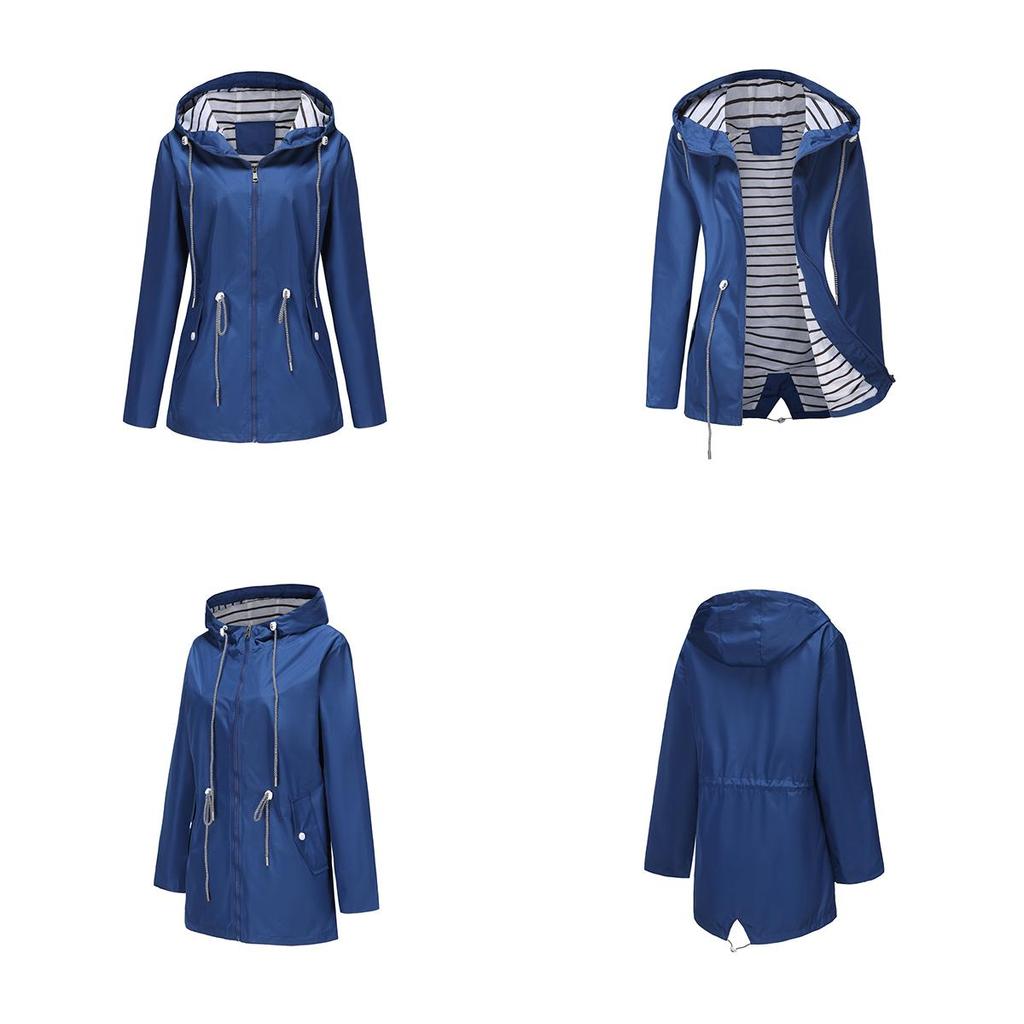 Женские ветровки с капюшоном. Водоотталкивающая ветровка в полоску с кулиской. Длинные рукава. Большой свободный плащ. Молния средней длины. Ветрозащитные куртки.