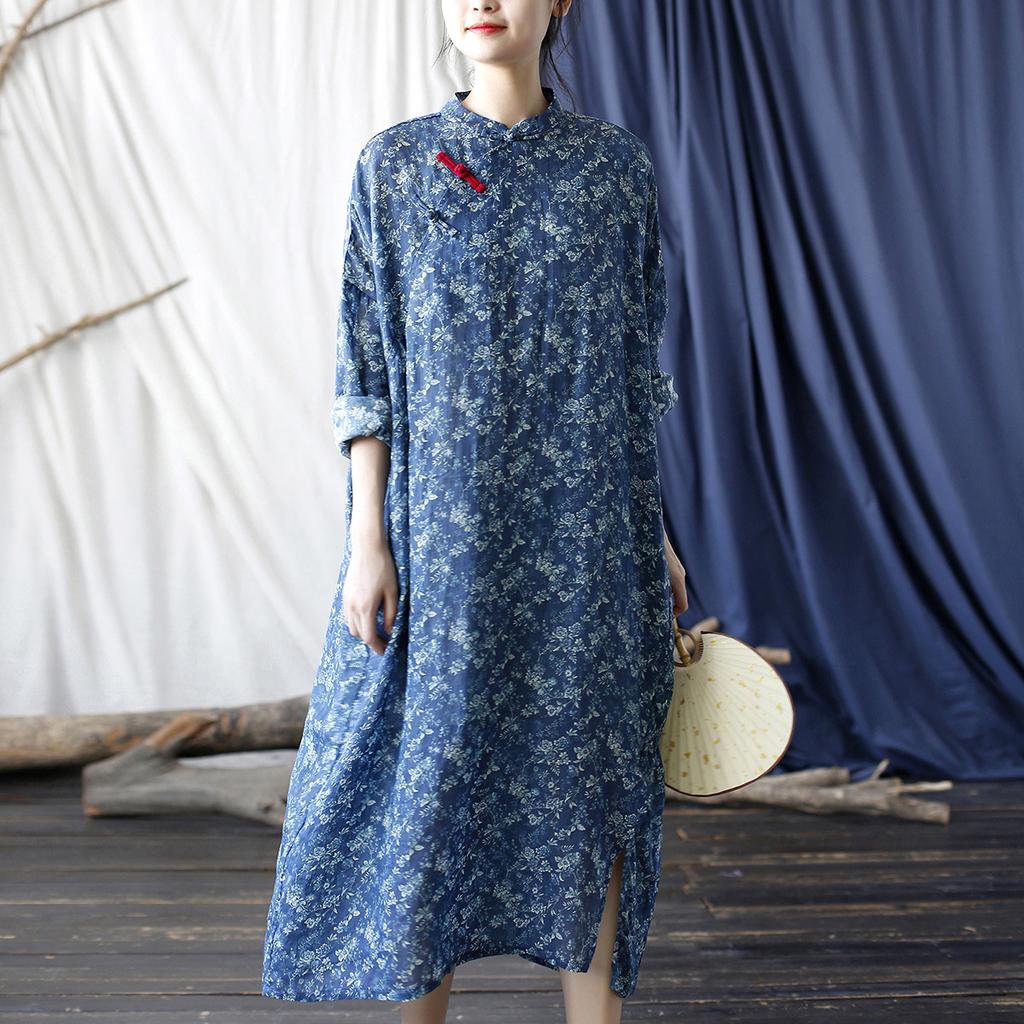 Johnature Women Bat Sleeve Linen Chinese Style Dress Print Floral Stand Button Cheongsam Autumn Loose A-Line Dresses