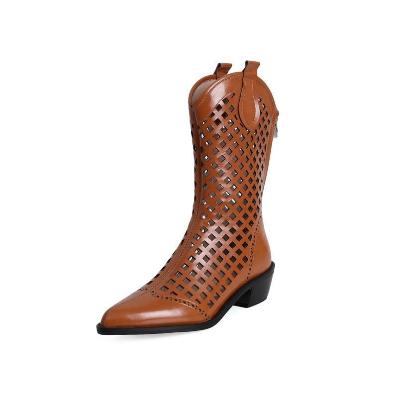 2024 Autumn New Shoes Woman Designers Chic Hollow Boots Pointed Toe Natural Genuine Leather Women Boots Mid-Calf Womens Shoes
