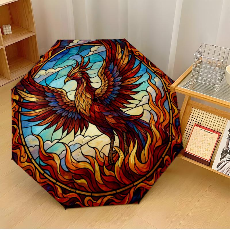 Phoenix Stained Glass (6) Printed umbrella windproof folding umbrella portable sun and rain umbrella suitable for gifting