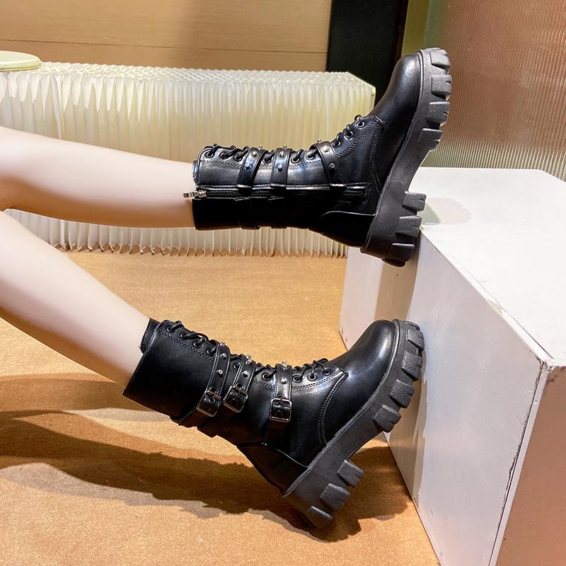 Goth Boots Woman Winter WOMEN ANKLE BOOTS Shoes Platform Sneakers Studded Belt Buckle Punk Army Shunky Helmet Boots Mid-Ice Boots