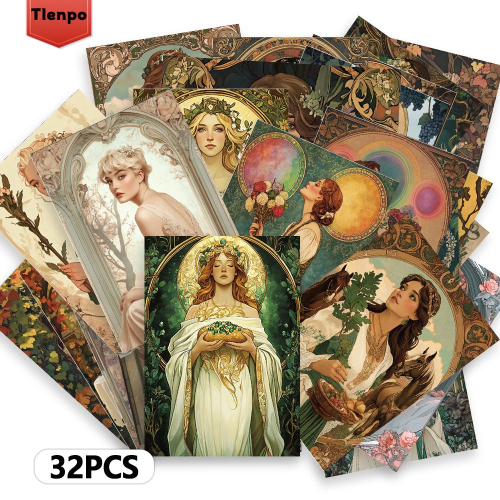 32pcs, Vintage Art Nouveau Women's Postcard Set, Mailing Cards, Greeting Cards, DIY Cards, Memorial Postcards, Decorations