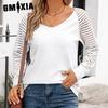 Women's Fashion Casual Autumn Winter Solid Color Print Long Sleeve V-Neck Loose Blouses & Shirts