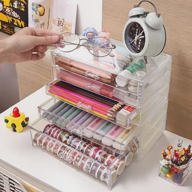 Прозрачный многослойный настольный органайзер для канцелярских принадлежностей с ящиками