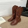 Модные ретро полые вышитые ковбойские сапоги в западном стиле женские 2025 лето новая универсальная верхняя одежда толстый каблук рыцарские сапоги