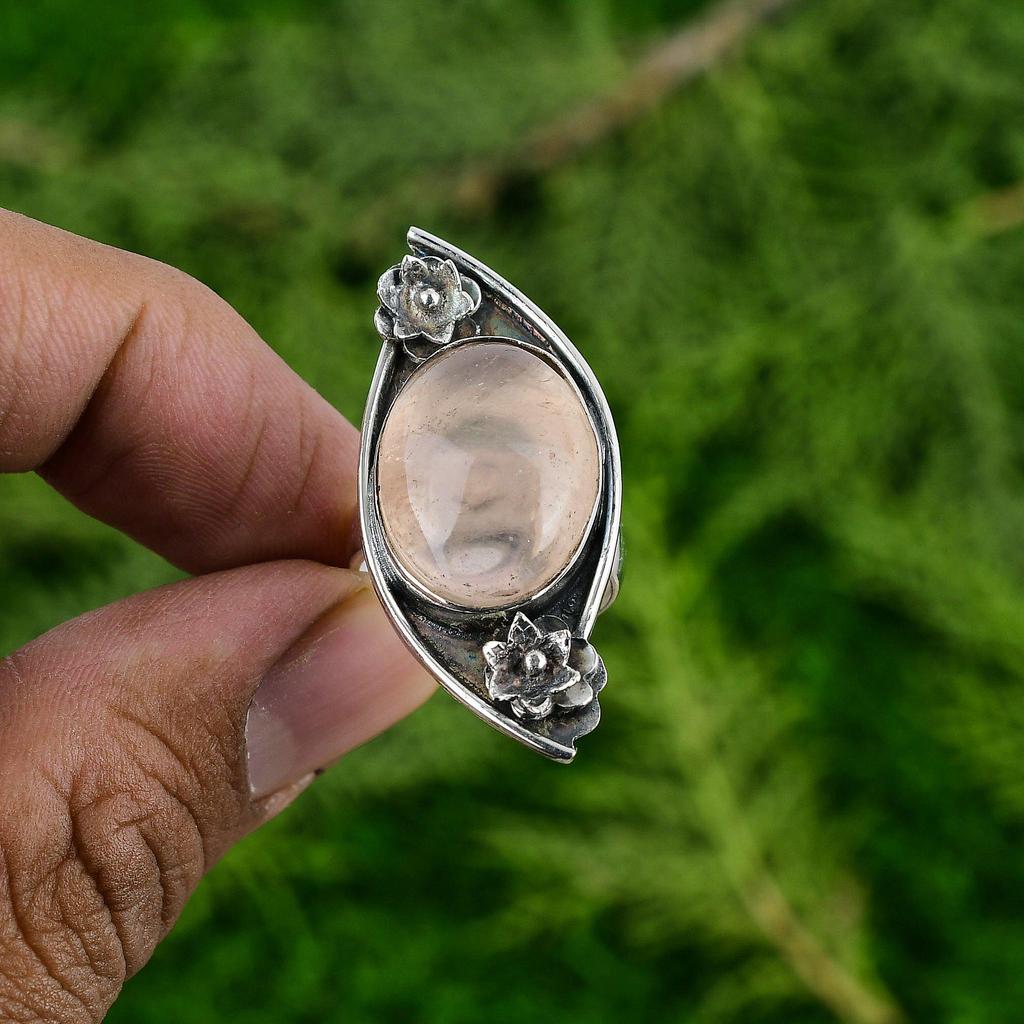 Natural Rose Quartz Gemstone 925 Silver Promise Flower Adjustable Ring For Girls