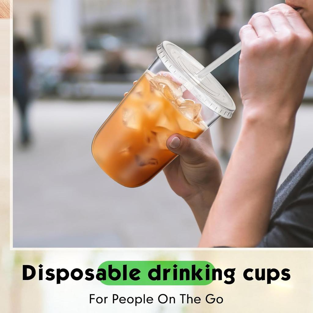 50 наборов прозрачных пластиковых стаканов с крышками и соломинками, одноразовые стаканы для холодного кофе, прозрачные стаканы для питья для холодных напитков, сока, смузи, прозрачный ПЭТ-стакан для