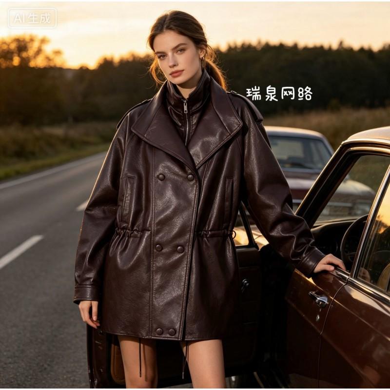 ZA Womens 2026 Fashion Mid-Length Double-Breasted Stand Collar Faux Leather Jacket Street Style