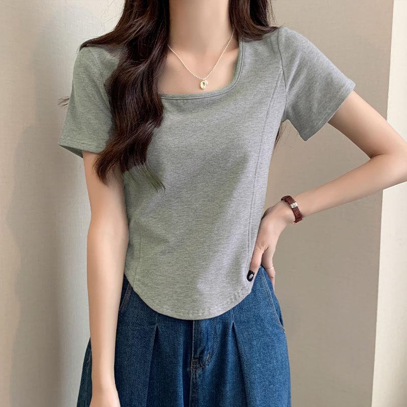 Женский корейский летний топ 2024 года с квадратным воротником и короткими рукавами Fishbone