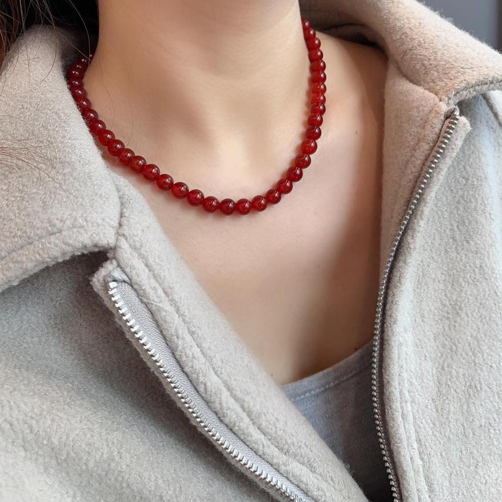 Natural Red Agate Beaded Necklace Women Vintage Round Carnelian Choker Necklaces Elegant Daily Wear Jewelry