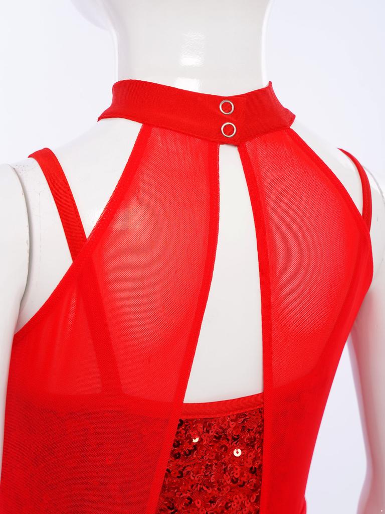 Girls Lyrical Performance Costume Shiny Sequins Sleeveless Asymmetrical Dance Dress with Sheer Mesh Skirt