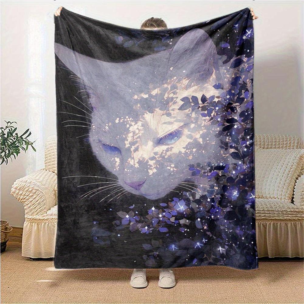 1pc Cat,Twilight,Blossoms Digital Printed Flannel Blanket, Super Soft Plush Fleece Bed Cover, Multipurpose Four Seasons Hypoallergenic Quilt