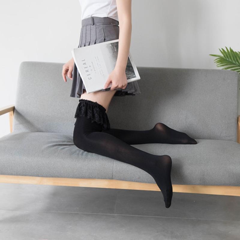 Сексуальные однотонные длинные носки выше колена для женщин, чулки до бедра, японская Лолита, рюши, кружево, аниме, косплей, чулочно-носочные изделия