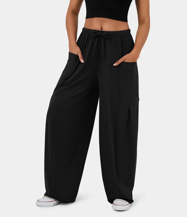 Женские модные плиссированные брюки с широкими штанинами, эластичной талией, карманами и высокой посадкой, повседневные свободные брюки