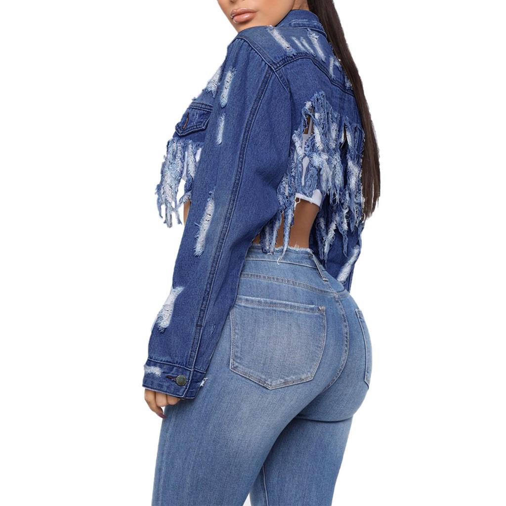 Women's Cropped Jacket With Holes On The Back And Cutout Denim Jacket