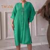 Женское осенне-летнее платье Свободное платье с V-образным вырезом и рукавами три четверти Трапециевидной формы Сплошной цвет с разрезом на пуговицах Декор Повседневная повседневная одежда Платье миди