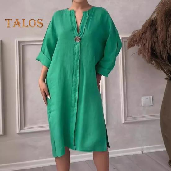 Женское осенне-летнее платье Свободное платье с V-образным вырезом и рукавами три четверти Трапециевидной формы Сплошной цвет с разрезом на пуговицах Декор Повседневная повседневная одежда Платье миди