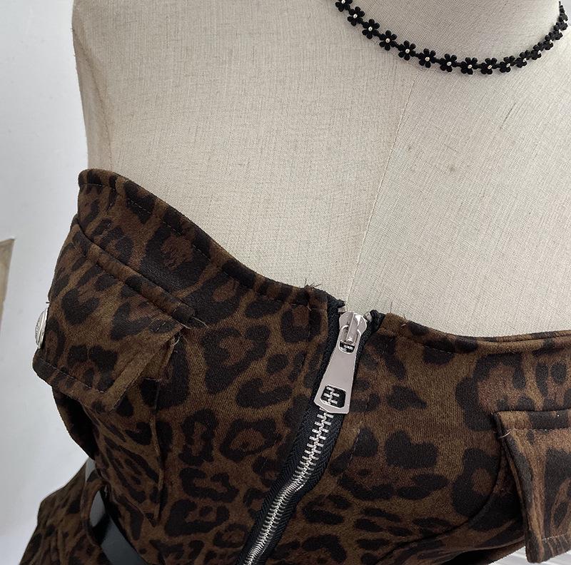 Американский топ-жилет без бретелей с леопардовым принтом, на молнии спереди, с поясом