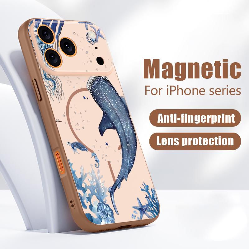 Чехол с узором Акула и Кит для iPhone 17 Pro Max Магнитный Для Magsafe Гибридный Тонкий Матовый Чехол Для iPhone 16 15 14 13 Pro Max