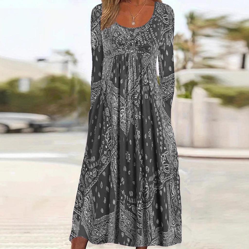 2025 Трансграничное европейско-американское осеннее цветочное платье макси с длинным рукавом