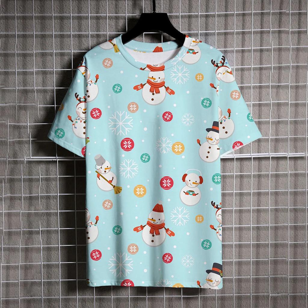 Santa Claus Print T Shirt For Men Cartoon Snowman Pattern Short Sleeve Loose Top Casual O-neck Boys and Girls Tee X'mas Clothing