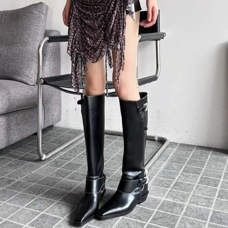 Женские ковбойские сапоги в западном стиле, слипоны, обувь с пряжкой на ремне, в стиле ретро, осенне-зимние, женские рыцарские длинные ботильоны