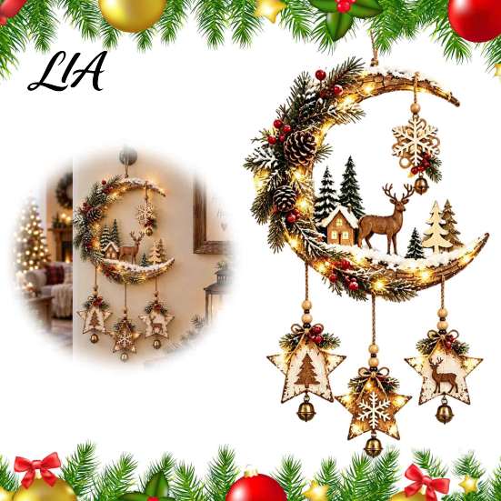 Crescent Moon Light for Bedroom Lighted Wall Decor with Stars Pendants, Rustic Wooden Hanging Pendant Flickering Night Kids LED Light, Farmhouse