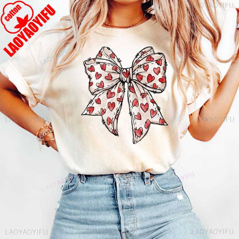 Valentines Day Heart Bow Coquette Bow Trending TShirt Novelty Gift for Girlfriend Crewneck Casual Style Printed Tshirt Tops