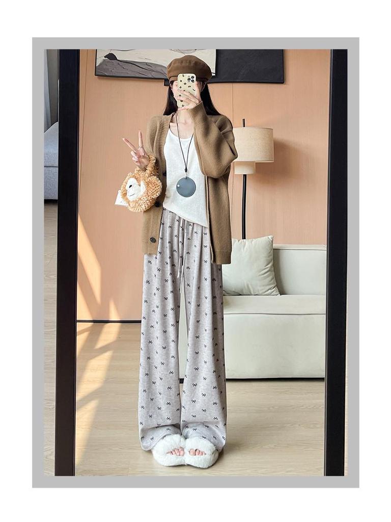 2025 Women's Bowknot Sticky Rice Wide-Leg Pants, Casual Drapey Fit for Spring & Autumn